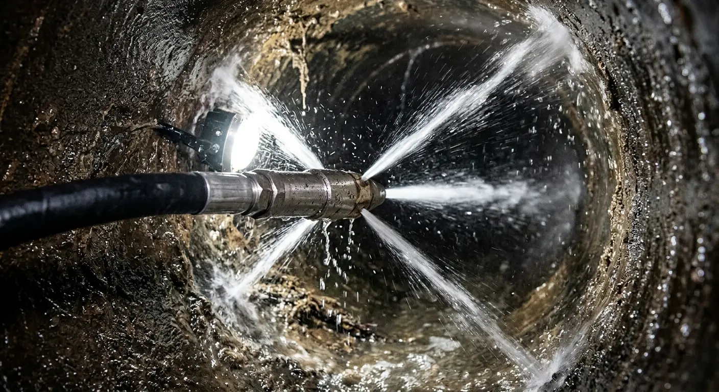 High-pressure hydro jetting nozzle cleaning sewer pipe for Emergency Drain Service in O'Fallon