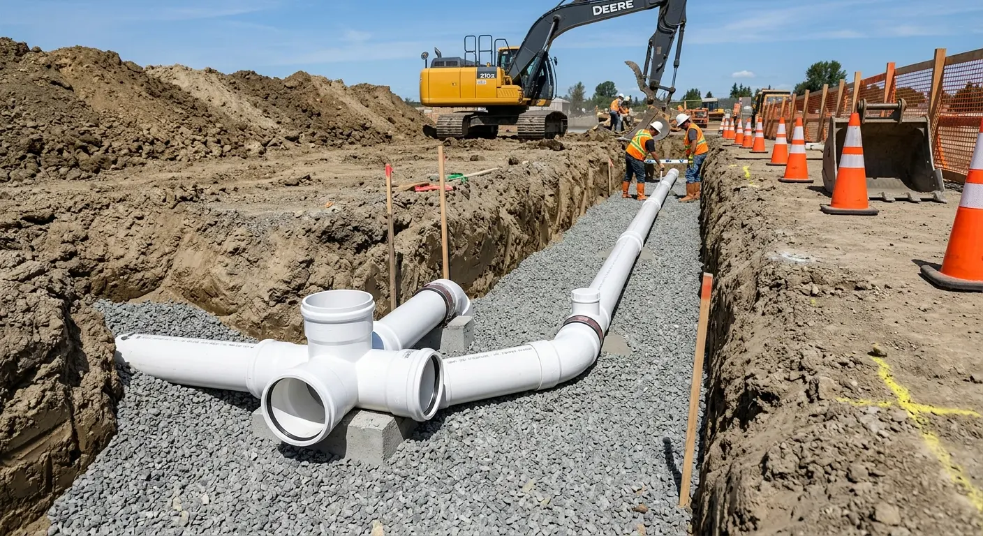 New PVC sewer pipe installation in open trench for Commercial Drain Cleaning in O'Fallon