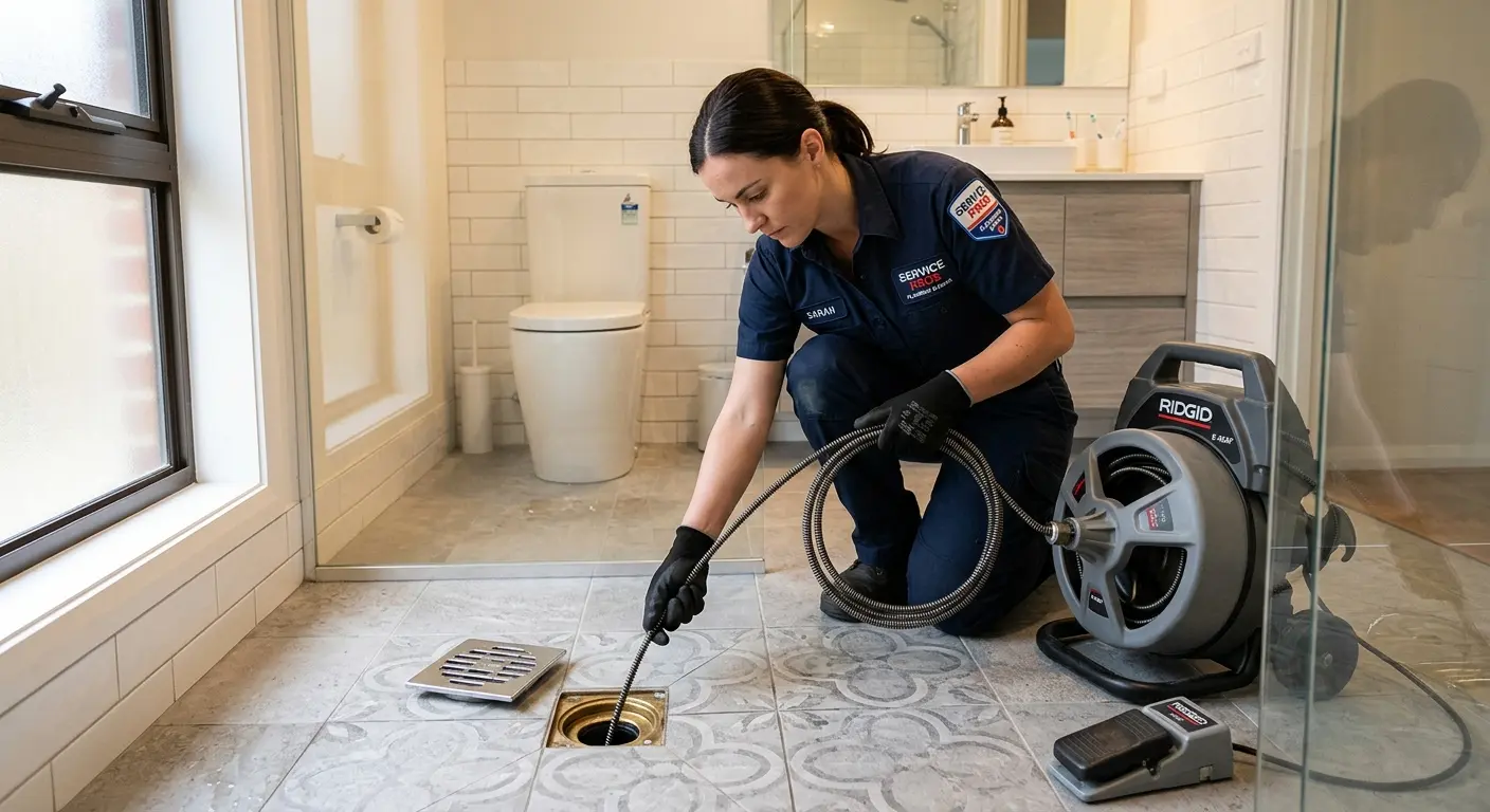 Technician clearing a bathroom floor drain for Sewer Line Replacement in O'Fallon